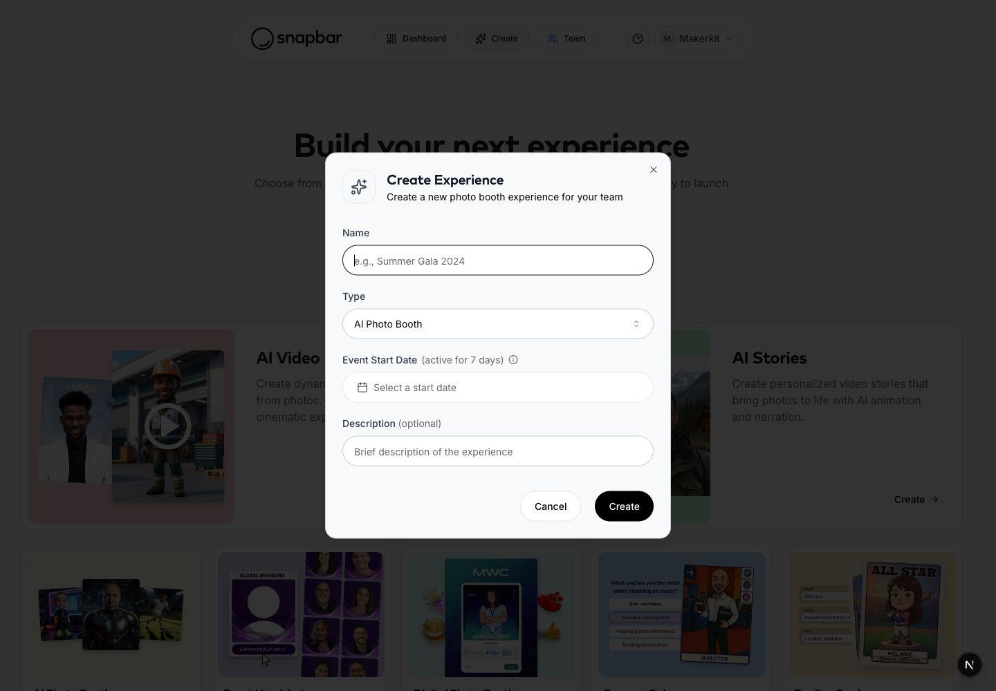 Create Experience dialog with name, type, start date, and description fields