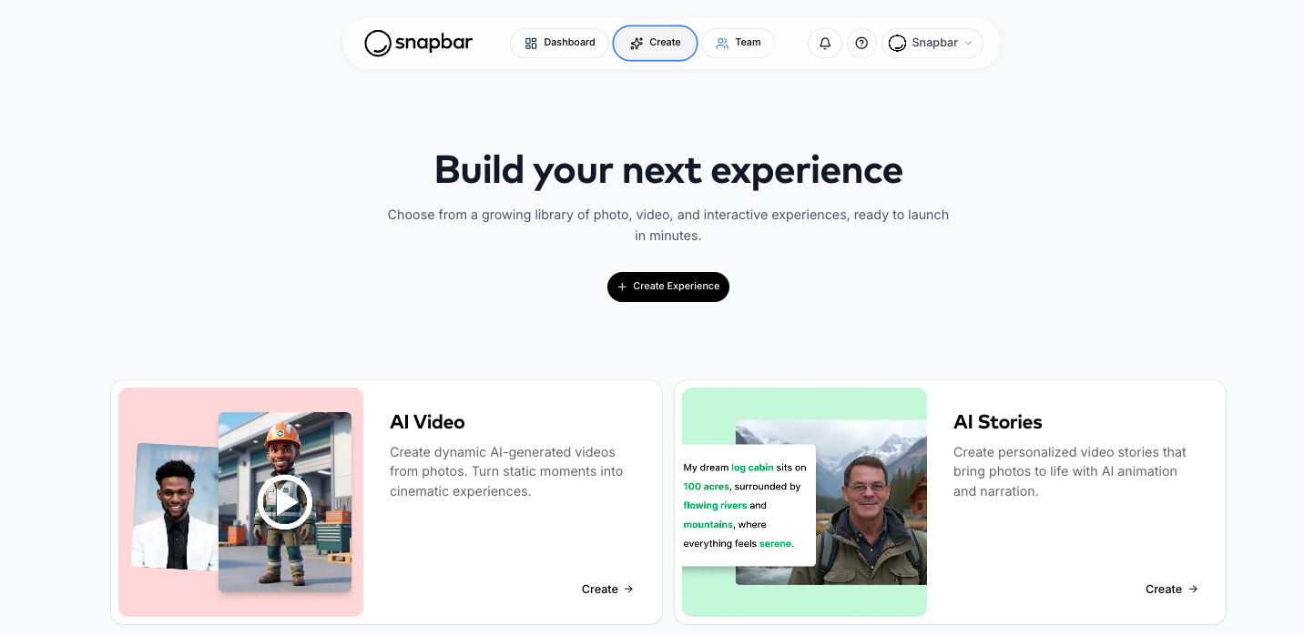 Create page listing every experience type