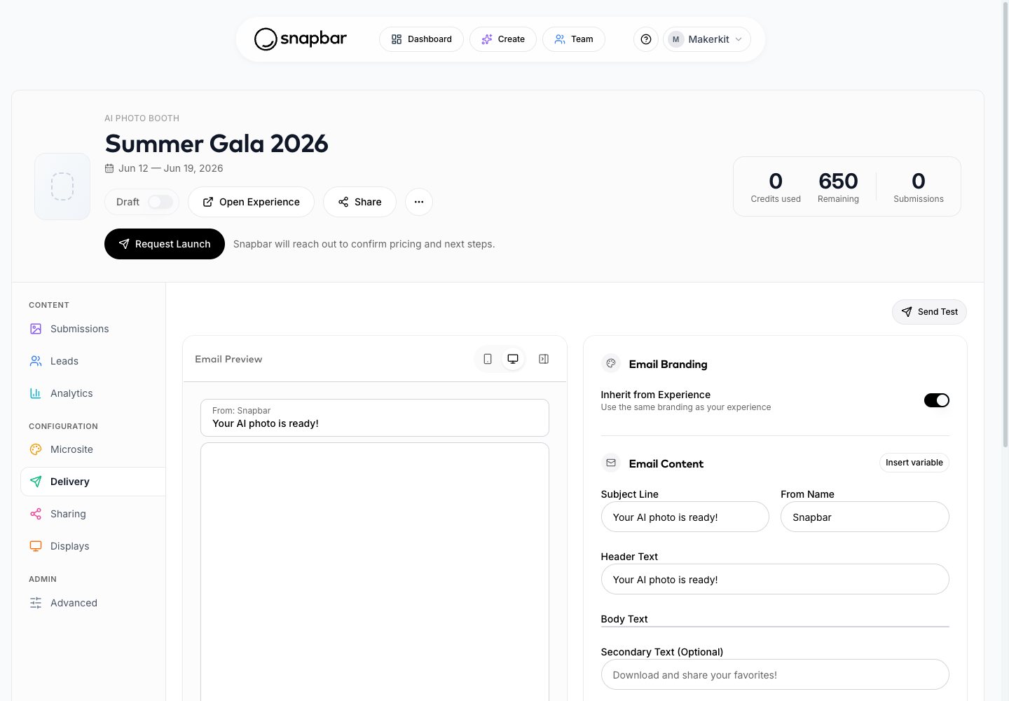 Delivery tab with email preview and content editor