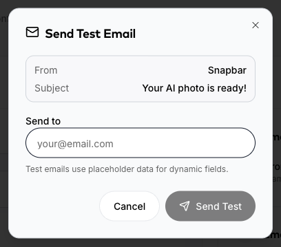Send Test Email dialog with from, subject, and send-to fields