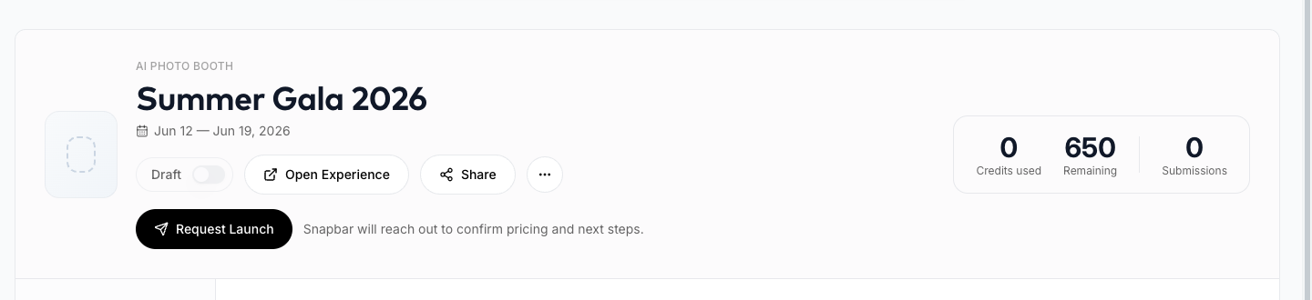 Draft experience header with Draft toggle, Open Experience, Share, and Request Launch