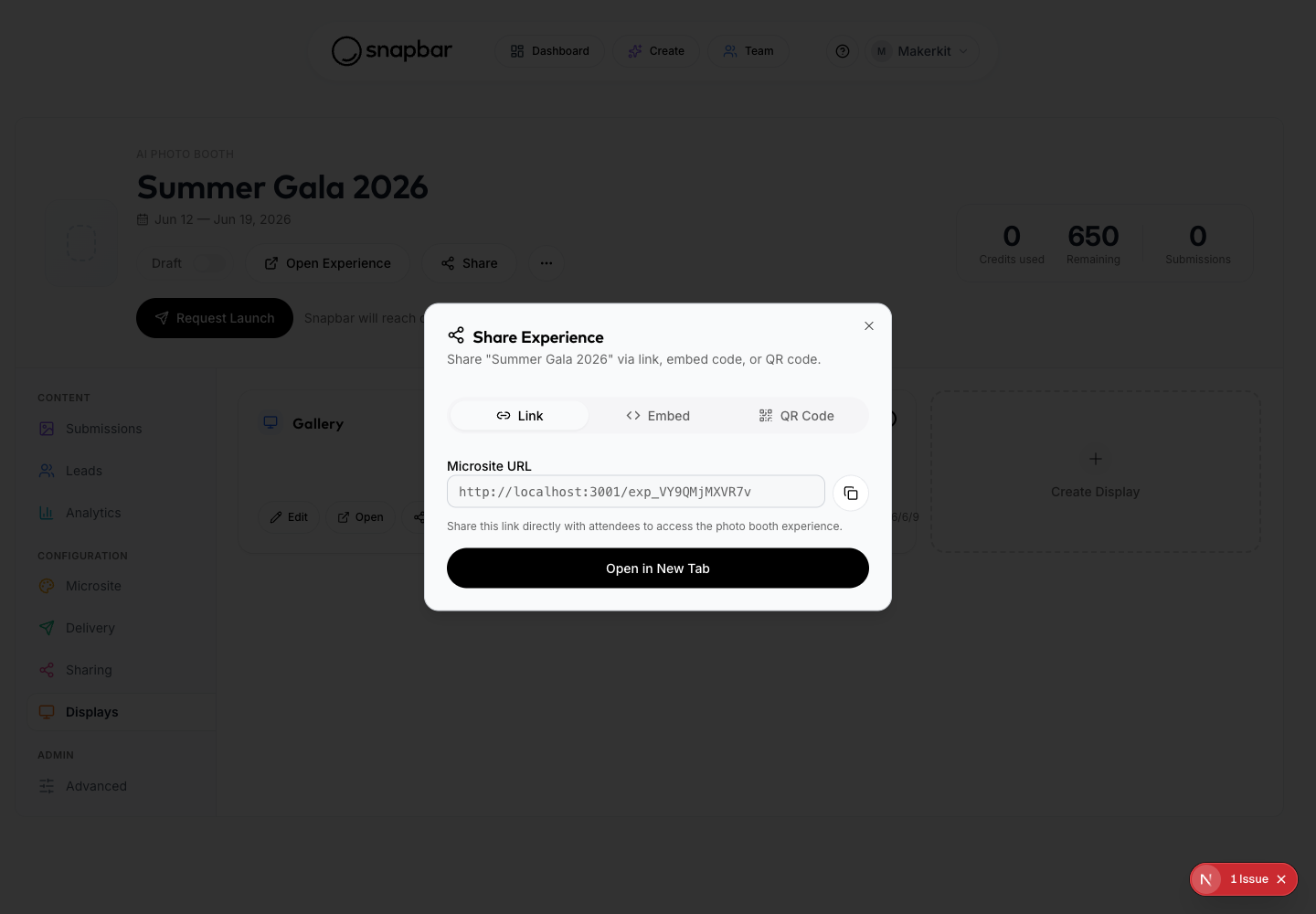Share Experience dialog with Link, Embed, and QR Code tabs