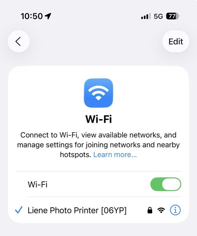 iPhone Wi-Fi settings showing the Liene Photo Printer network