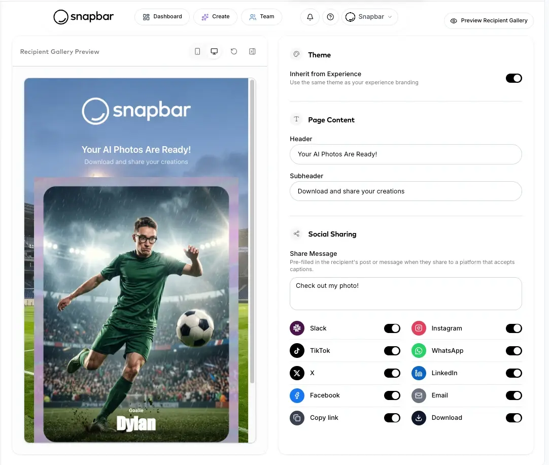 Sharing tab with the recipient gallery preview and settings