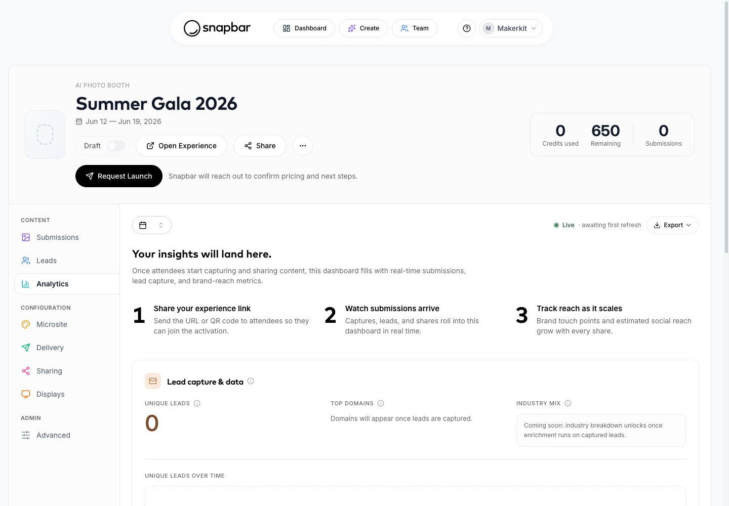 Analytics tab for an experience