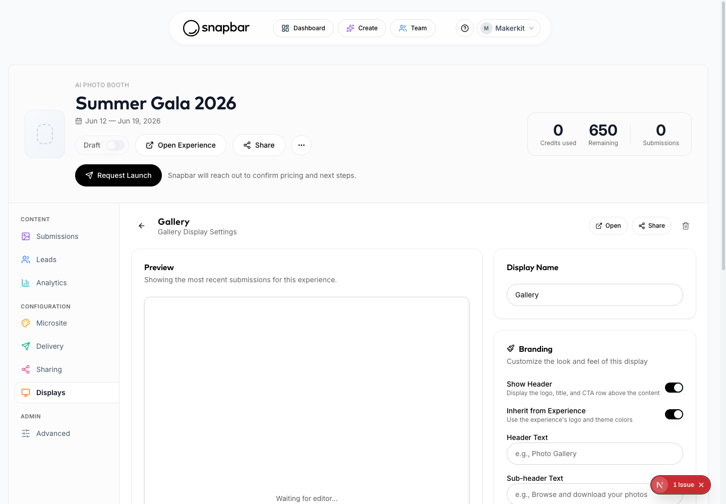 Gallery display settings with live preview
