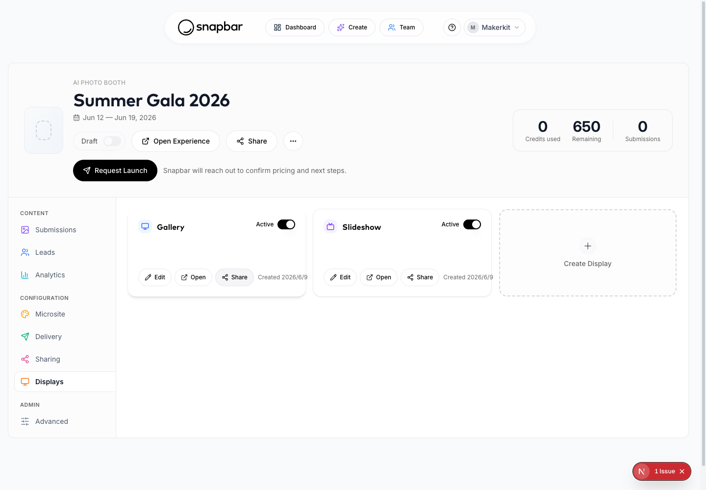Share Display dialog with Link, Embed, and QR Code tabs