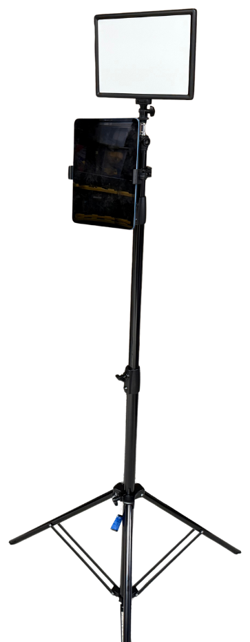 The complete booth setup with tripod, light panel, clamp, and tablet holder