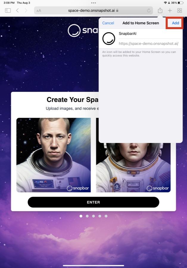 iPad Add to Home Screen confirmation