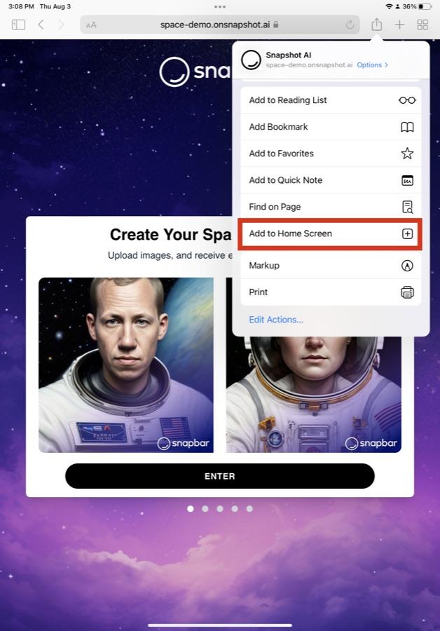 iPad share menu with Add to Home Screen highlighted