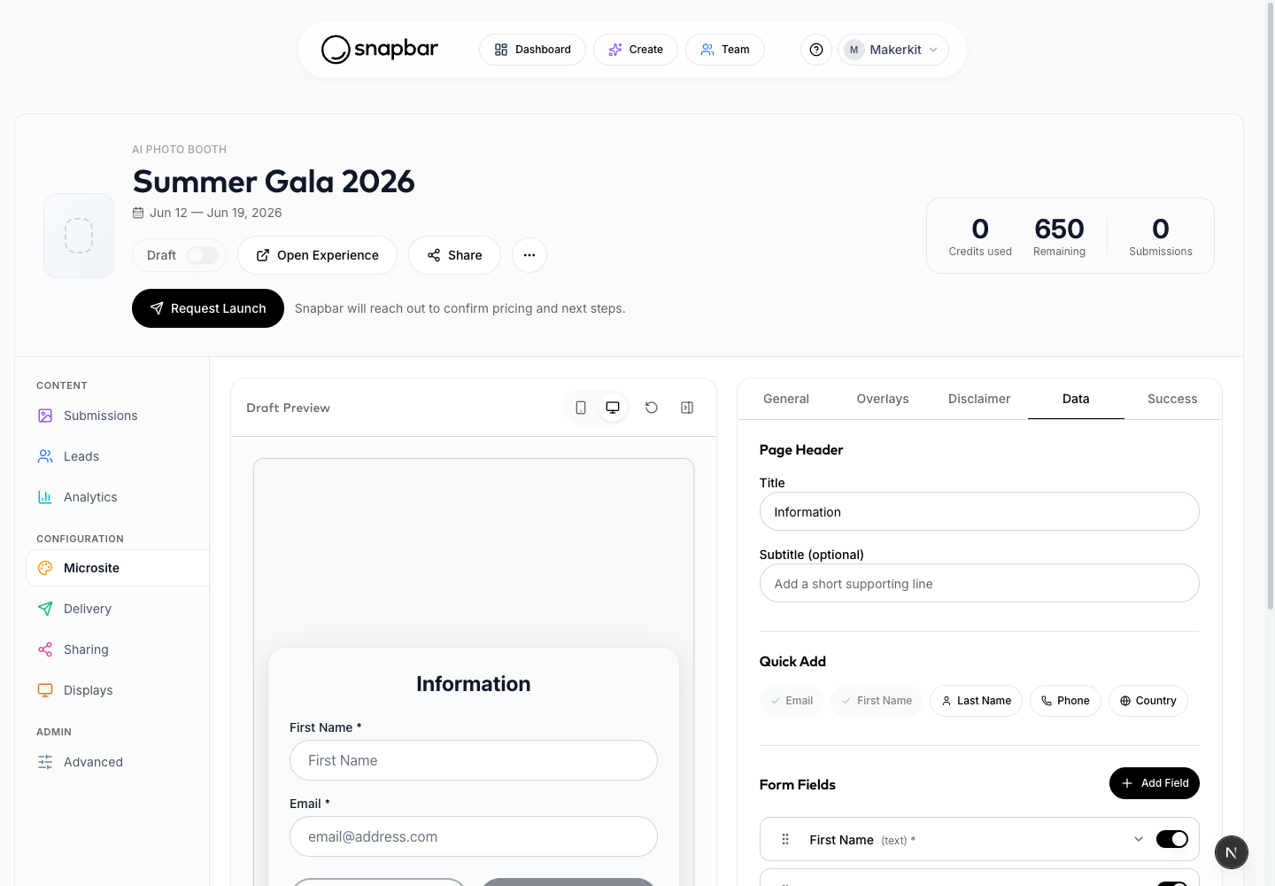 Data section with page header, quick add chips, and form fields