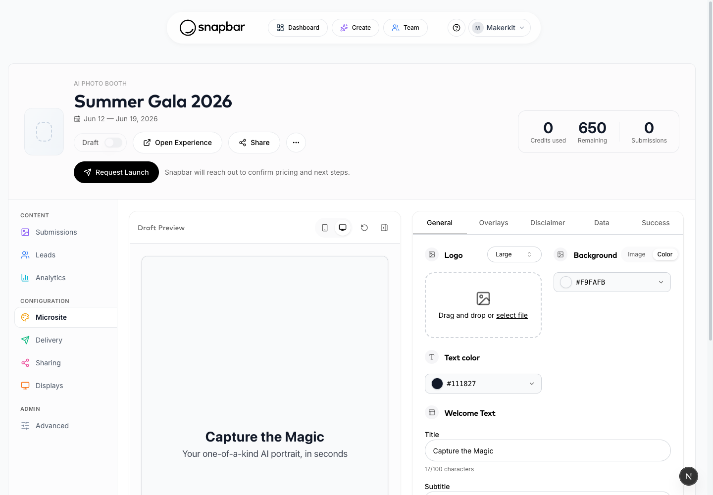 Microsite tab General section with live draft preview