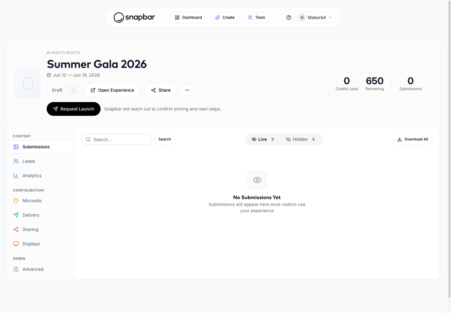 Submissions tab for an experience
